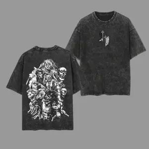 Retro Heavy "TITAN" Attack On Titan Anime Double Printed Vintage Oversized Washed Tee Unisex Oversize Anime Manga Washed Heavyweight Cotton T-shirt, Gift For Anime Fan, Anime Lover Crewneck Streetwear