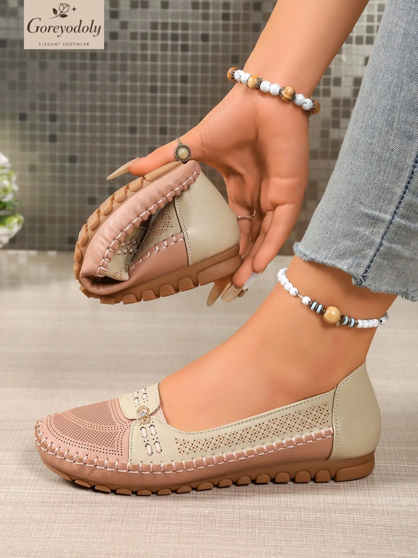Women's Goreyodoly Elegant Casual Slip-On Flats with Chain Decor, Color-Block Breathable Lightweight Walking Shoes with Soft Cushioned Insole, Slip-Resistant All-Season Durable Versatile Footwear for Office, Travel, Commuting and Shopping