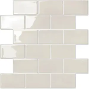 Peel and Stick Backsplash Subway Tiles, 10 Sheets of 12" x 12" - 3D Adhesive Peel and Stick Tile Backsplash for Kitchen, Bathroom, Wall Tile (Thicker Design, Light Gray Beige)