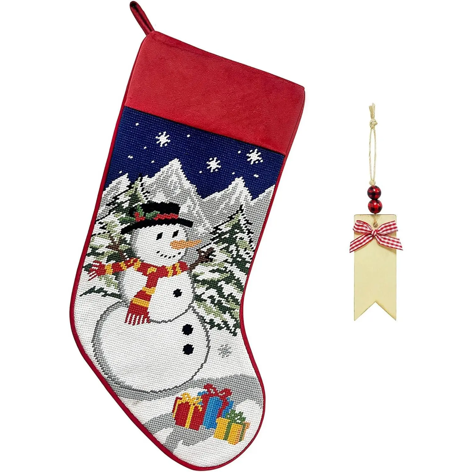 Christmas Stockings, 18 Inches Vintage Xmas Stocking with Personalized Name Tag, Embroidered Snowman Design, Old-Fashioned Christmas Holiday Party Gift Family Decoration