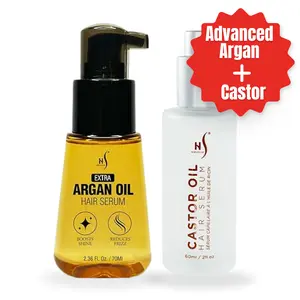 HerStyler Advanced Argan Oil & Castor Oil Hair Serum Set – for Frizz Control, Shine, & Growth – Vitamin E & Aloe Vera infused – 2.36 Fl Oz & 2 Fl Oz