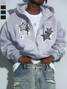 Men's Vintage Star Print Graphic Hoodie, Fleece Lined Comfortable Casual Jacket, Daily Wear Street Style Outerwear for Men