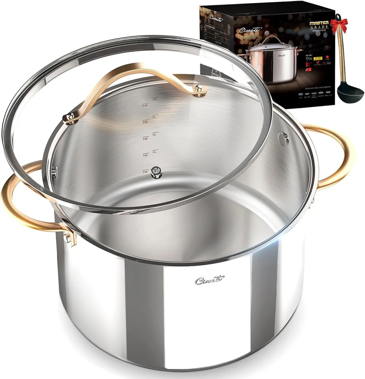 Ciwete Stock Pot 12 Quart, 18/10 Tri-Ply Stainless Steel Whole Clad Stock Pot with Lid, Seamless 12 QT Cooking Pot with Copper Handle, Healthy Stockpots, Induction, Gas, Oven and Dishwasher Safe