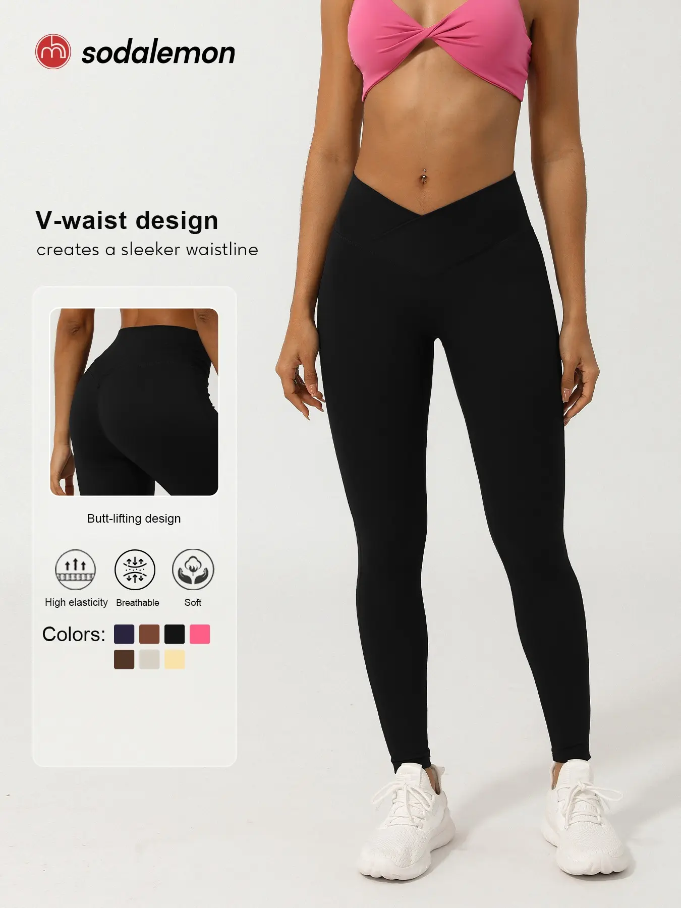 Women's Solid Color Sporty Yoga Leggings, V-Neck High Waist Design, High Stretch Shaping Peach Hip Sweat-Wicking Quick Dry, High Waisted Leggings, Workout Leggings, Activewear Bottoms, Fitness Clothes, Activewear For Fitness