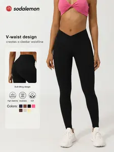 Women's Solid Color Sporty Yoga Leggings, V-Neck High Waist Design, High Stretch Shaping Peach Hip Sweat-Wicking Quick Dry, High Waisted Leggings, Workout Leggings
