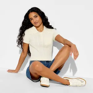 Women's Short Sleeve Cable Polo Pullover Sweater - Wild Fable Cream M