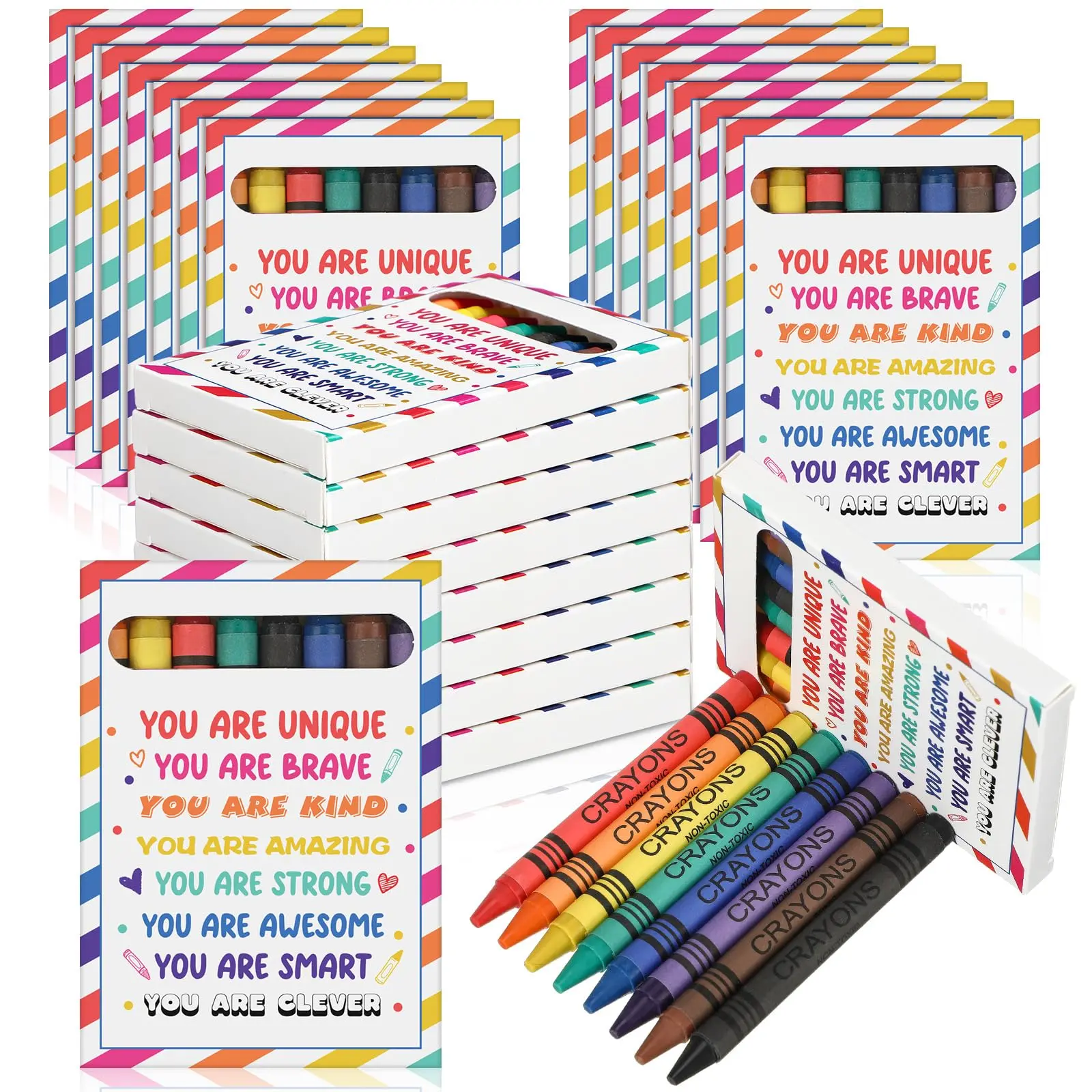 24/48 Pack Back to School Gifts for Students Bulk, 8 Color Crayons Inspirational Quotes Boxes, Kindergarten Preschool First Day of School Classroom Party Favor Birthday Goodie Bag Stuffer Elementary Class Gifts Sped Rewards School Supplies for Mom Teacher