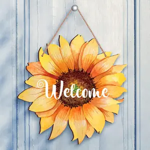 Sunflower Pattern Wooden Hanging Sign, Welcome Letter Wooden Hanging Plaque, Wall Art Decor for Home Living Room Bedroom