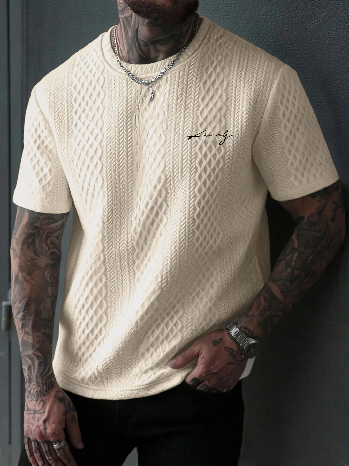 Men's Summer Casual Knitted Textured T-Shirt with Simple Artistic Letter Print, Perfect for Outdoor Activities and Workouts, Ideal Gift for Him