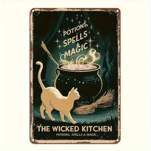 1pc Vintage Gothic Halloween Aluminum Sign Witch Cat and Magic Potion Cauldron Wall Art Dark Green Golden Tone Home Garage Decor Halloween Party Supplies Gift