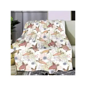 Sea Turtle Plush Throw Blanket, Coastal Ocean Animal Fleece Blanket, Soft Lightweight Polyester Beach-Themed Blanket for Couch/Sofa/Bed, Nautical Turtle Throw for Kids and Adults, Tropical Marine Life Cozy Blanket Home Decor Gift