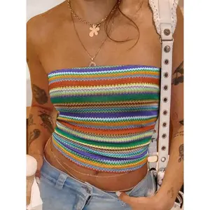Women's Rainbow Stripe Pattern Knitted Tube Top, Casual Strapless Top for Daily Wear, Ladies Clothes for All Seasons
