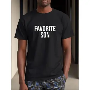 Favorite Son Men's Humorous "Favorite Son" Slogan T Shirt Black with White Print Casual Sporty Short Sleeve Round Neck Regular Fit Machine Washable