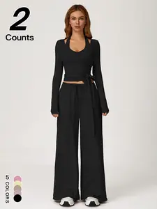 Women's Sporty Style 2-Piece Set, Workout Set, Sweatsuit Set, Quick-Dry Drawstring Long Sleeve Top & Below-The-Knee Pants, Casual All-Season, Sports Clothing Set