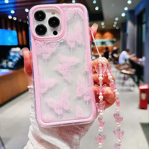 Lace Butterfly Illustration with Lanyard, iPhone 15 Pro Max Case, Shockproof for iPhone 14/13/12/11/XR, Perfect Valentine's Gift