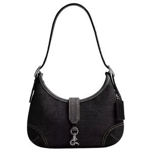 COACH Hamptons 28 Adjustable Handle Denim Tote Bag with Card Slots for Women, Large Black