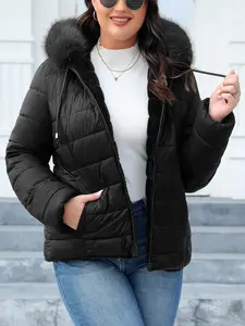 Women's Plus Size Hooded Jacket with Faux Fur Lining, Casual Fall & Winter Reversible Padded Coat, Warm Woven Fabric Outerwear