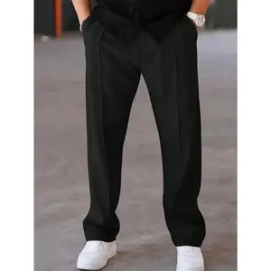Plus Size Wrinkle-Free Straight Leg Pants, Men Elastic Waist Casual Slacks, Soft Smooth Comfy Wear, Trendy All-match Daily Office Streetwear Business Casual Essential Men Trousers
