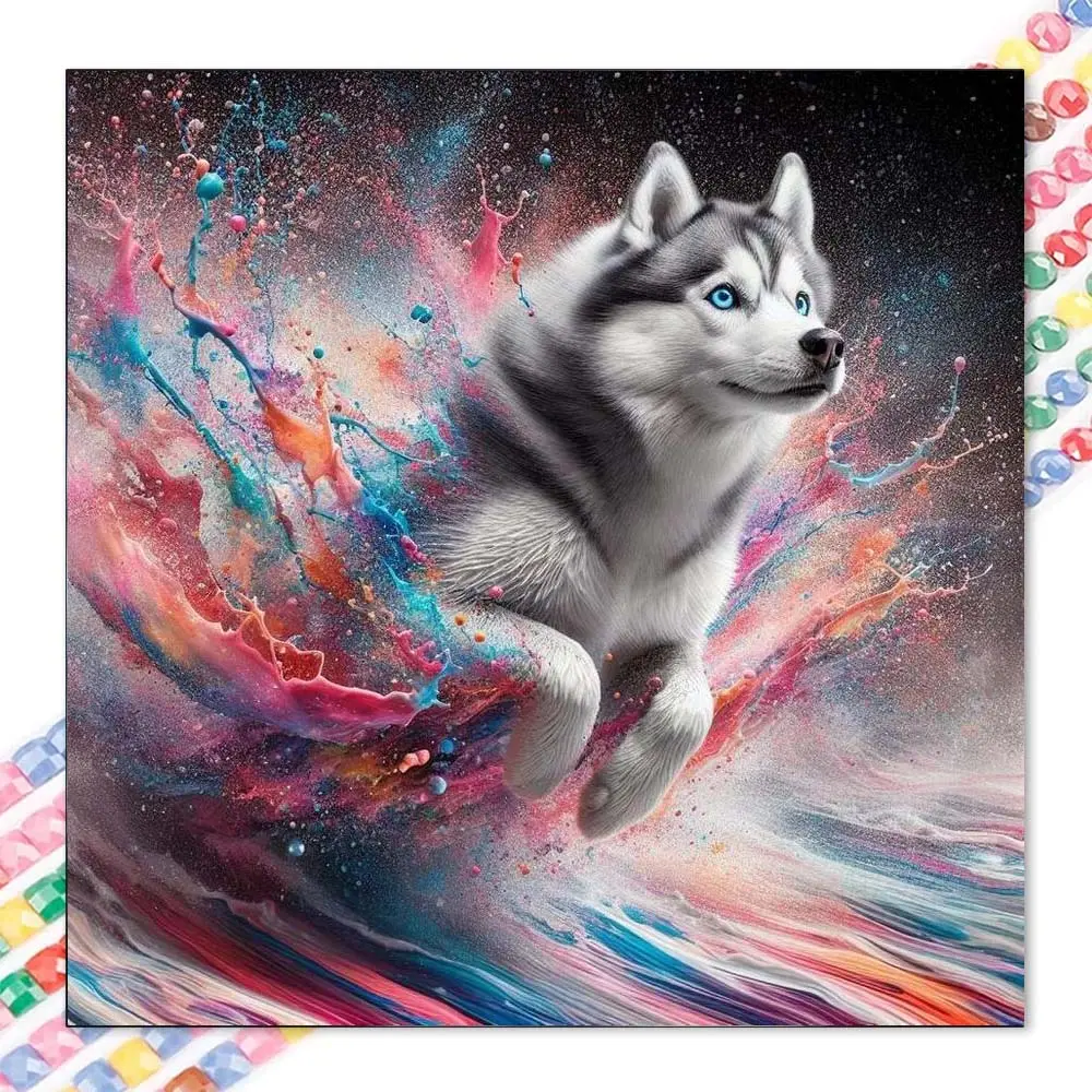 1 DIY handcraft diamond painting kit, 5D diamond pattern design diamond art set, DIY decoration, husky, Animals, colorful splash diamond painting kit full round drill, mosaic, diamond art, DIY art home decoration, suitable for Christmas, Handmade Gifts