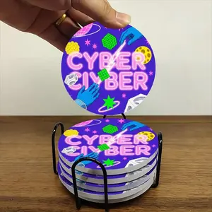 6-piece ceramic coaster set, featuring a futuristic purple cyberpunk design. These heat-resistant, non-slip coasters come with a stand and are perfect for home, dining, or as beverage mats.