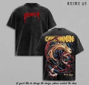 Power Chainsaw Man Anime Vintage Washed Oversized Graphic Tee Blood Fiend Devil Girl Streetwear Shirt