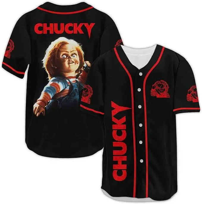 Vintage Killer Doll Baseball Jersey, Horror Graphic Button-Up Shirt, Spooky Movie Inspired Unisex Sports Jersey, Gothic Halloween Outfit Gift