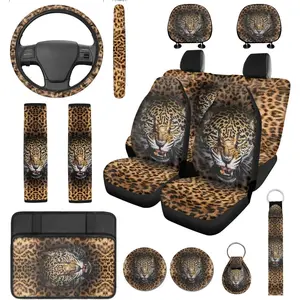 Leopard Car Seat Covers Full Set 14 Pcs with Steering Wheel Cover,Armrest Cushion,Seat Belt Car Cup Holder Coaster with Keychain, Cheetah Print Car Accessories Universal Fit Cars SUV Trucks