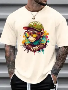 Men's Cartoon Monkey Print Drop Shoulder Tee, Regular Fit Casual Street Soft Comfy Round Neck Half Sleeve T-Shirt for Summer, Menswear for Daily Wear, Casual Comfy Stretch