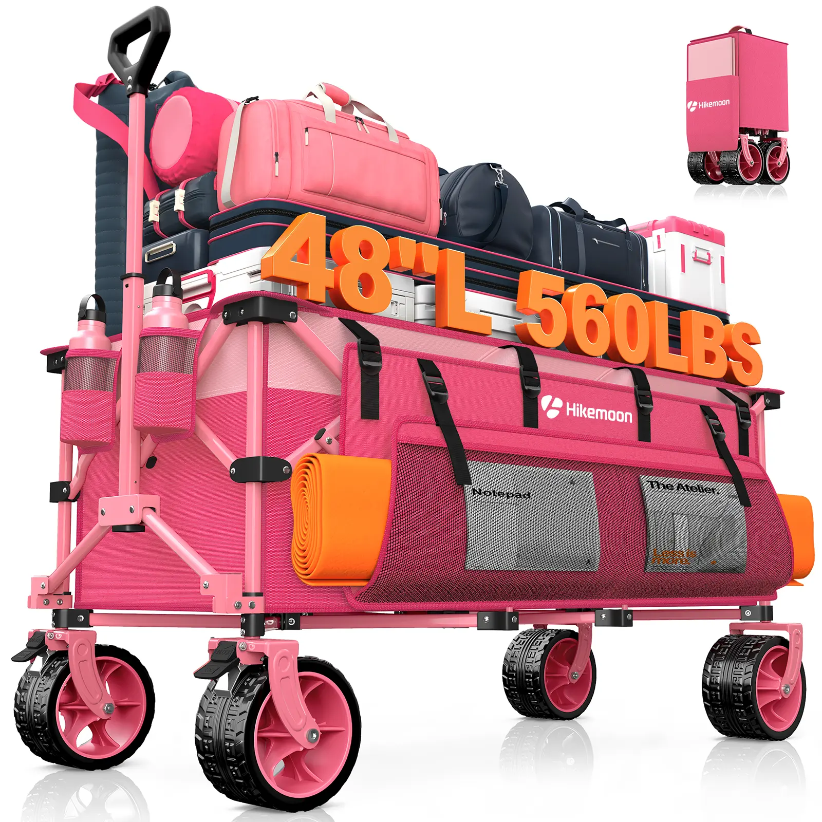 Hikemoon Collapsible Foldable Utility Wagon Cart on Wheels - 48in L Heavy-Duty Hauler Trolley, 560LB Capacity, 300L All-Terrain Swivel Wheel Wagon, Metal Frame, Ready-to-Use for Beach, Motorhome Transportation & Storage Folding Cart With Wheels