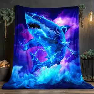 Shark and Lightning Blanket -  accompanied by electric blue lightning and glowing eyes - A large-sized flannel bed cover for all seasons, providing comfortable home decor - High-definition printing in a modern style
