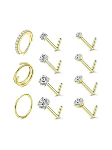 11 Pcs Stainless Steel Cz Nose Rings Set, L-Shaped Zirconia Studs, Unisex 20g Piercing Jewelry, Double Hoop Design, Spiral Nose Ring