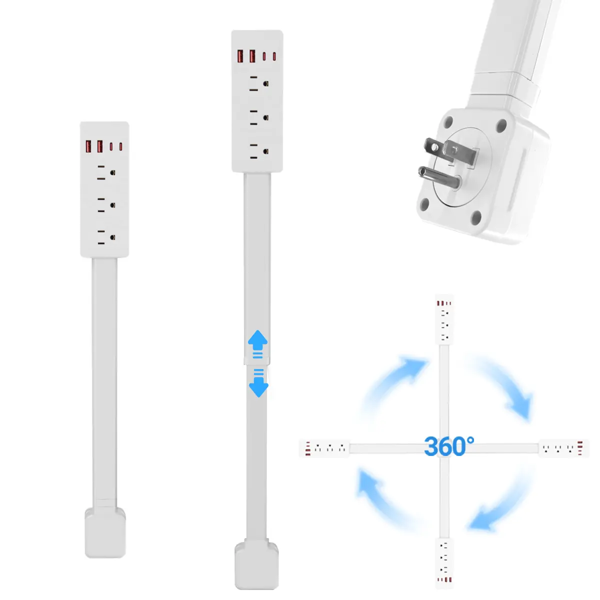 Power socket extender, equipped with 3 AC sockets, 2 USB-A interfaces, 2 USB-C interfaces, with a telescopic length of 19.69" - 27.69", a 360° rotating wall socket extender, suitable for extending power cords at inaccessible areas behind the sofa.