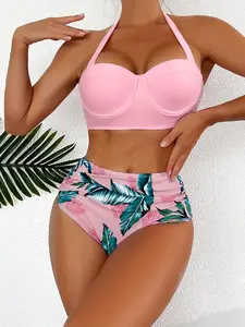Women's Ruched Tie Back Halter Bikini Set, Push Up Bikini Top & Leaf Print High Waist Bikini Bottom, Ladies Swimwear Swimsuit Set for Summer Beach Holiday Vacation