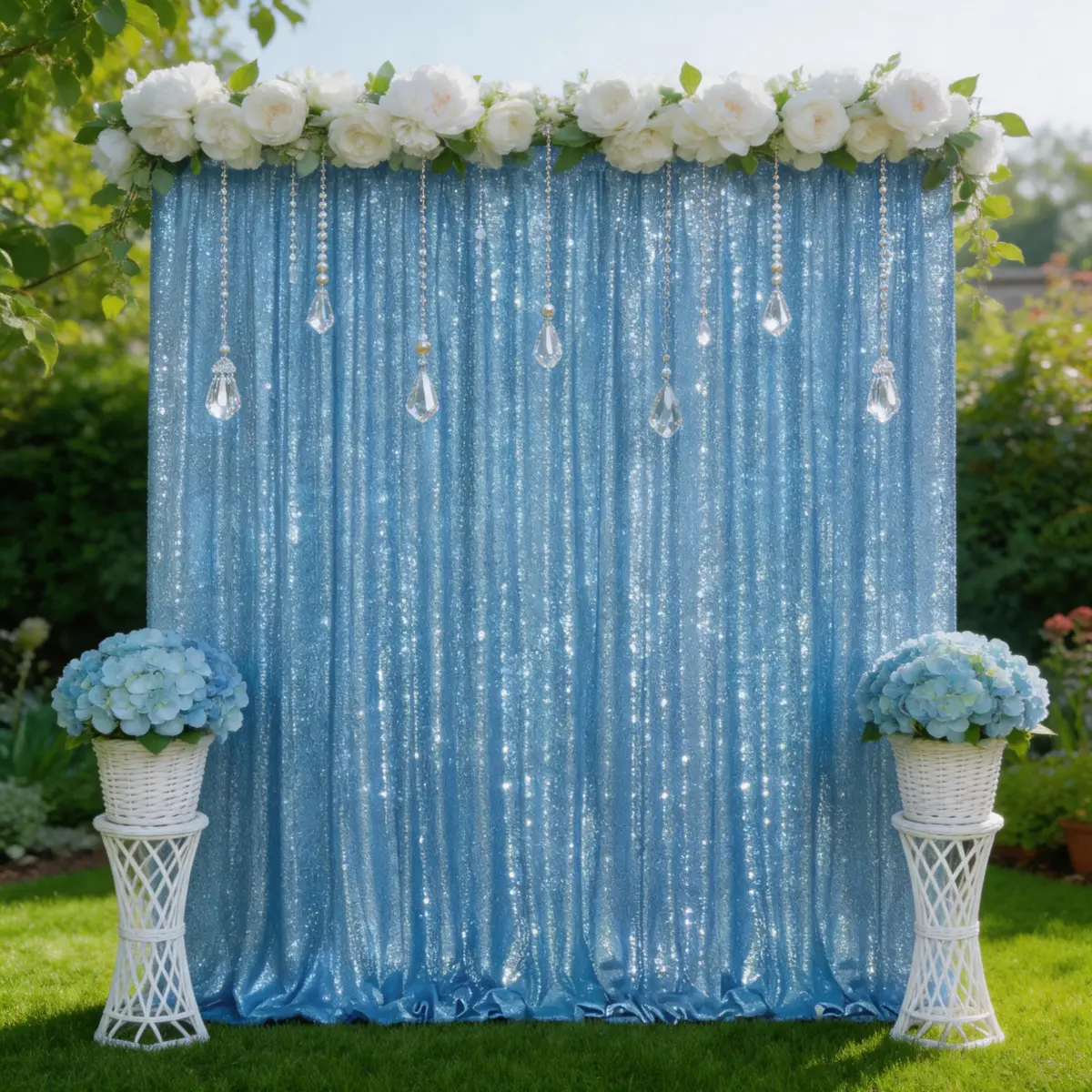 Baby Blue Shiny Round Mesh Sequin Backdrop Curtain, 1 Panel (10ft x 10ft), All Seasons Decoration for Baby Shower, Birthday Photography Props & Stage Decor, Banners