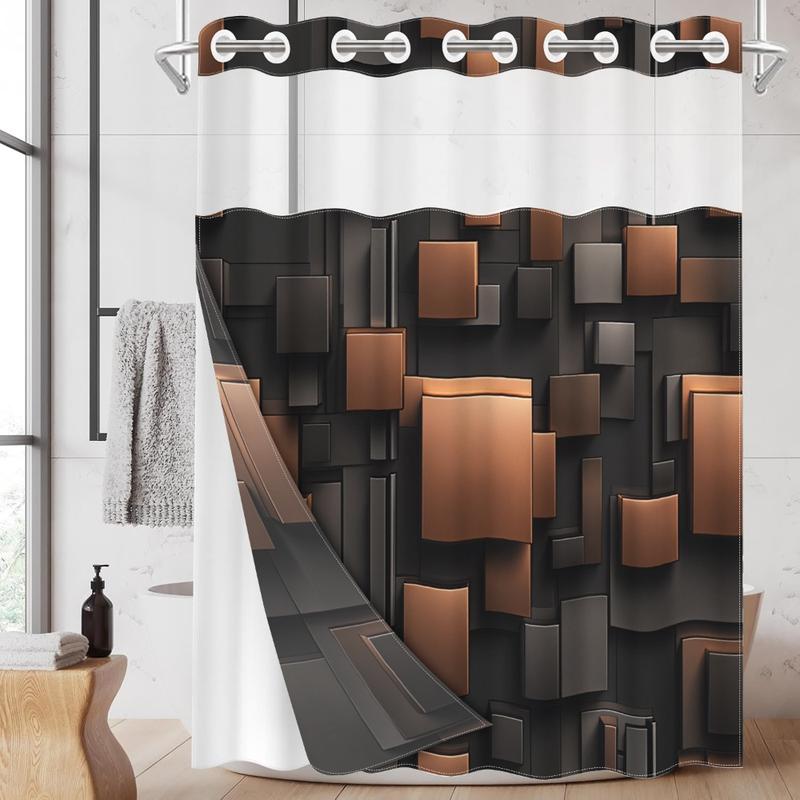 1pc hookless shower curtain with buckle lining, brown and black geometric square patchwork design, 2D flat printing, fabric waterproof lining, see-through double-layer shower curtain, 71 x 74 inches, modern home draping curtain.