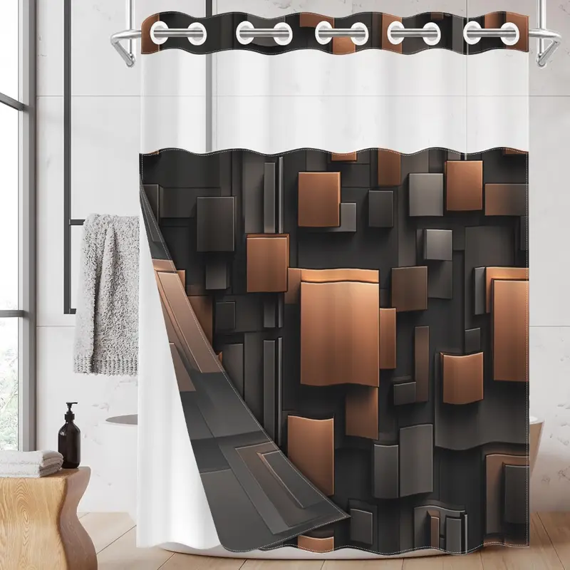 1pc hookless shower curtain with buckle lining, brown and black geometric square patchwork design, 2D flat printing, fabric waterproof lining, see-through double-layer shower curtain, 71 x 74 inches, modern home draping curtain.