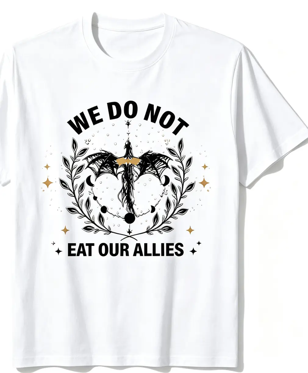 [Men's Graphic Tee] Men's Dragon Rider Graphic T-Shirt  Fantasy Book Inspired Tee, We Do Not Eat Our Allies Quote Shirt, Vintage Bookish Streetwear Top, Short Sleeve Crew Neck Cotton Tee, Casual Fantasy Fan Apparel for Men