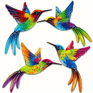 Four pieces of outdoor wall art, 4-piece set of wooden hummingbird wall decorations, courtyard art garden decorations, outdoor lawn decorations, gifts suitable for four seasons, wall statues, backyard fence decorations