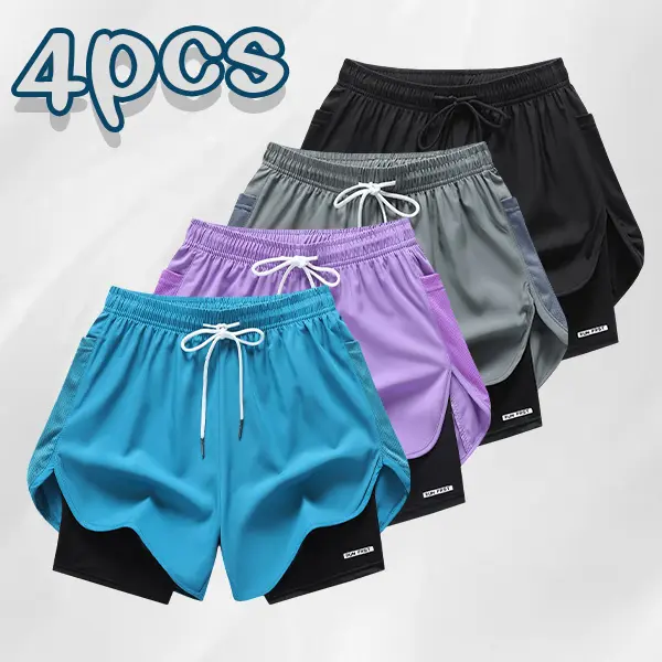 Women's Athletic Breathable Fake 2-Piece Anti-Light Quick-Drying Sports Shorts 4-Piece Set - Lake Blue, Purple, Gray, Black - For Yoga, Gym, Daily Travel