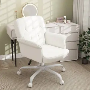 Anygod Teddy Bear Plush Fabric Vanity Chair with Wheels, Swiveling, Adjustable Home Office Chair, White, Comfortable Ergonomic Support, L-Shaped Armrests