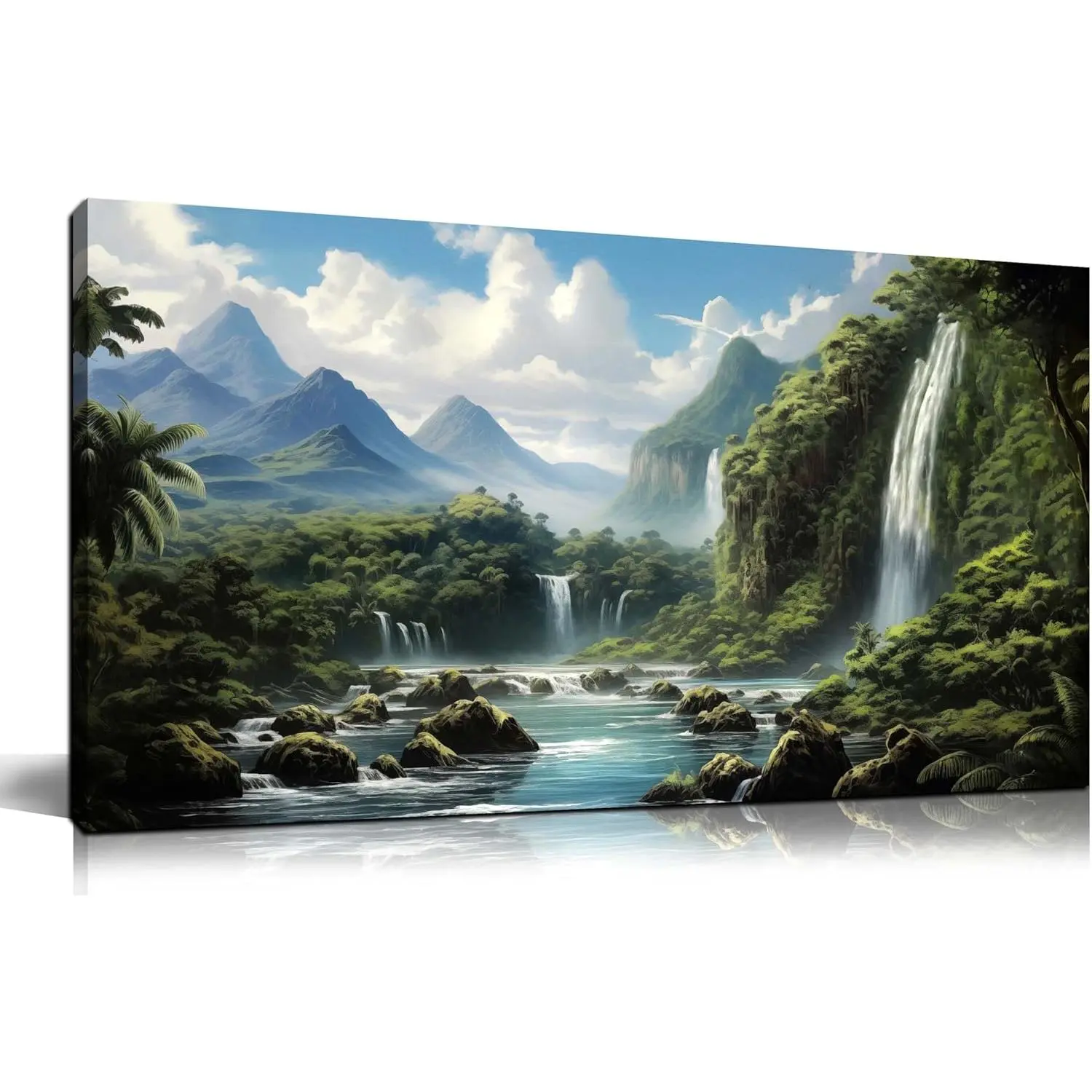 Framed Green Forest Landscape Canvas Wall Art, 32x16 Inch Modern Artistic Canvas Print, Large Home Decoration for Living Room & Bedroom