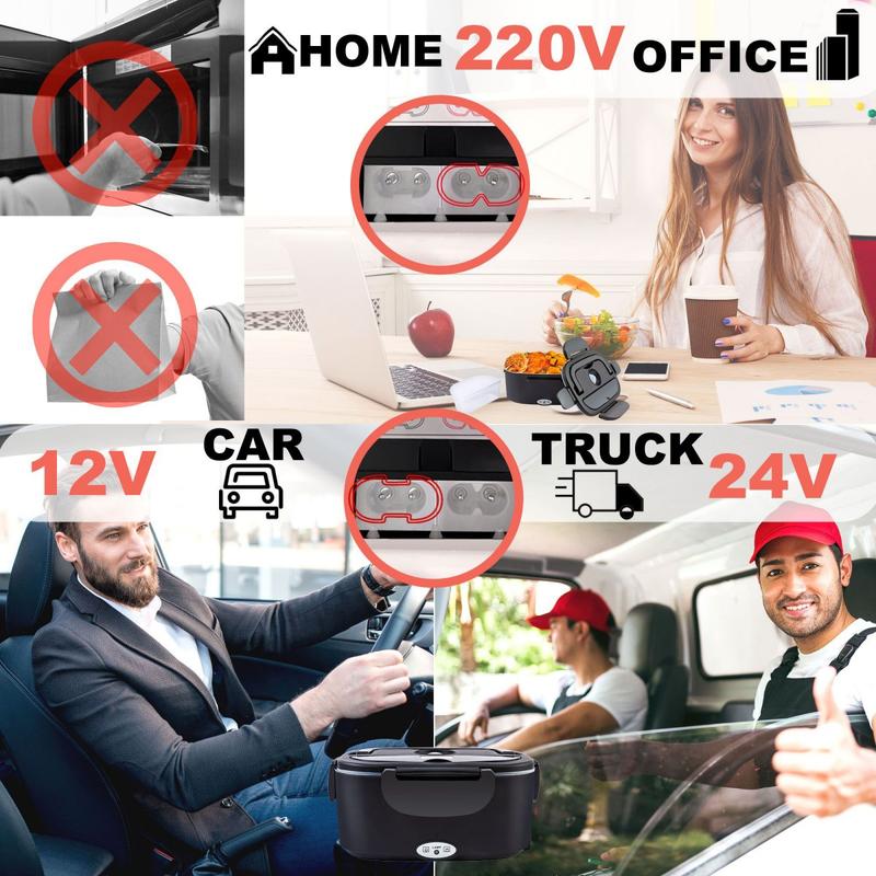 80W Fast Heating Nifogo Electric Lunch Box 1.8L Stainless Steel Double Layer Insulation Portable Display Screen 12V 24V 110V Square Black for Car Truck Office Construction Site