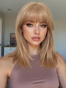 16 Inch Medium Straight Wig with Bangs, Synthetic Fiber, Natural Look, Easy Care, Suitable for All Ages, Versatile for Any Occasion