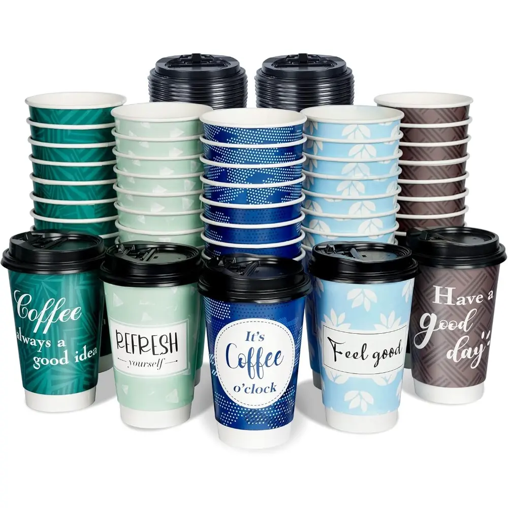 16 oz Double-Walled Insulated Eco-Friendly Recycled Board Disposable Coffee Cups Set with Lids, 50-Pack, Fun Designs for Cold & Hot Drinks, Ideal for Party & Office Use