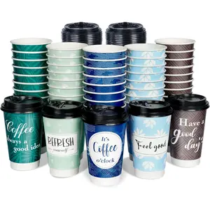 Disposable Coffee Cups with Lids, 16 oz, 50 Pack, Double-Walled, Fun Designs, Insulated, for Cold & Hot Drinks