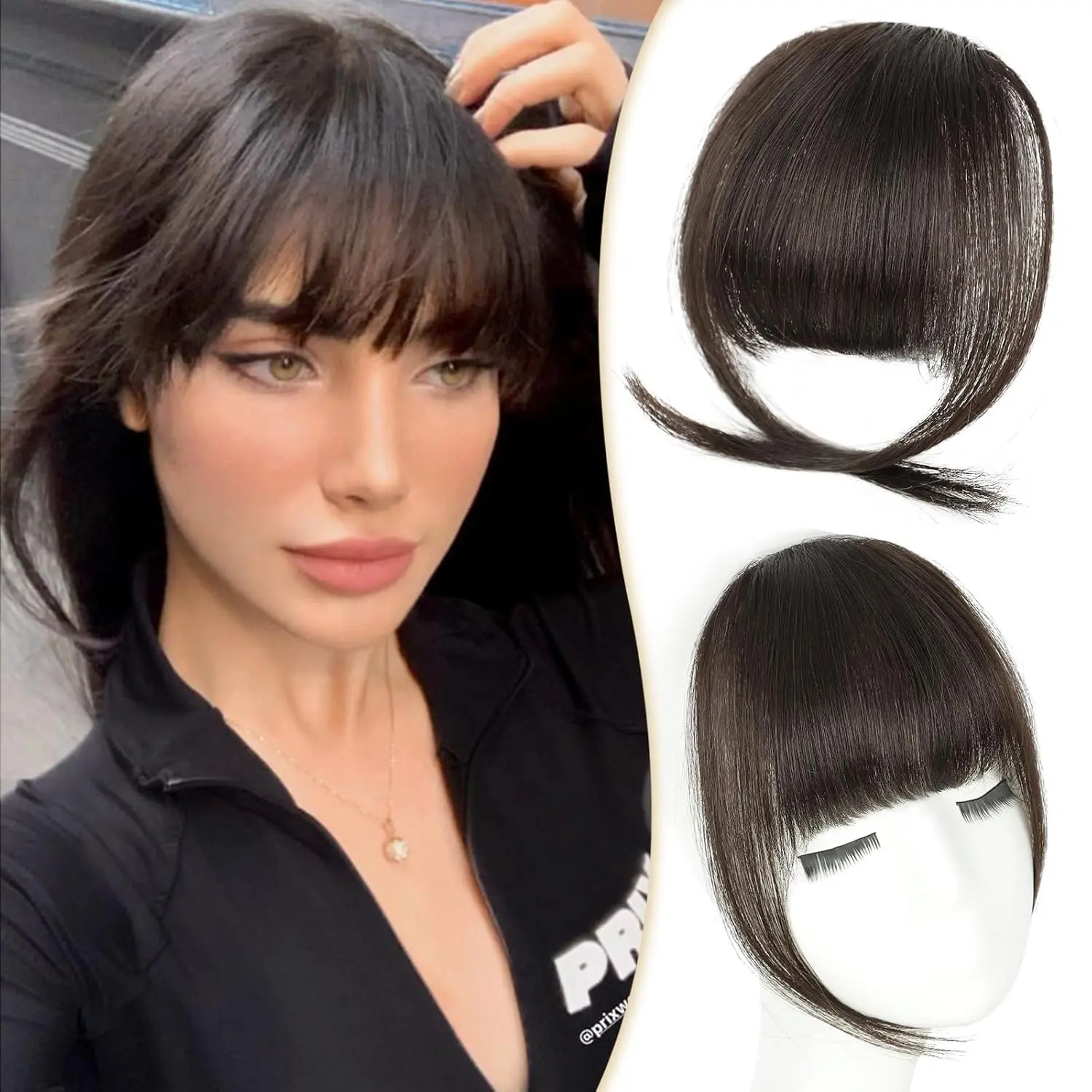 PINK SEVEN Real Human Hair Clip in Bangs Double Clip Easy Wear Glueless Fake Fringe for Everyday Style All Hair Types Universal 100% Handmade Feather Bangs Natural Soft Durable Thick 6 Inches Long Real Hair Extensions