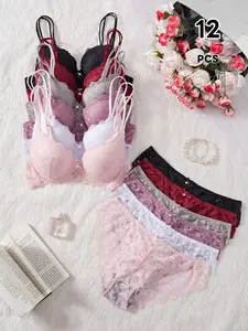 Women's Floral Lace Bra and Panty Set 12pcs, Sexy Push Up Lingerie Sets with Underwire, Elegant Everyday Wear, Comfortable and Stylish