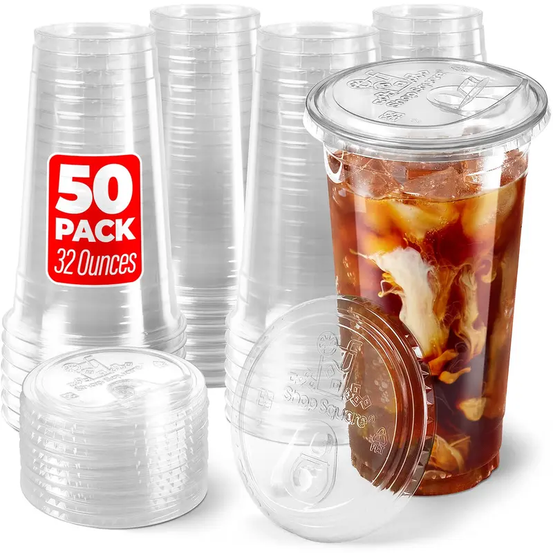 Shop Square 32 oz Plastic Cups with Strawless Sip Lids (50 Pack) - Disposable Clear Cups for Iced Coffee, Boba, Milk Tea, Smoothies, and Fruit Shakes