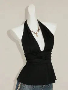 Women's Deep V Neck Backless Polka Dot Vest Top, Casual Fitted Design, Home Leisure Wear, Pure Color, Stylish Women's Clothing, Backless Tops