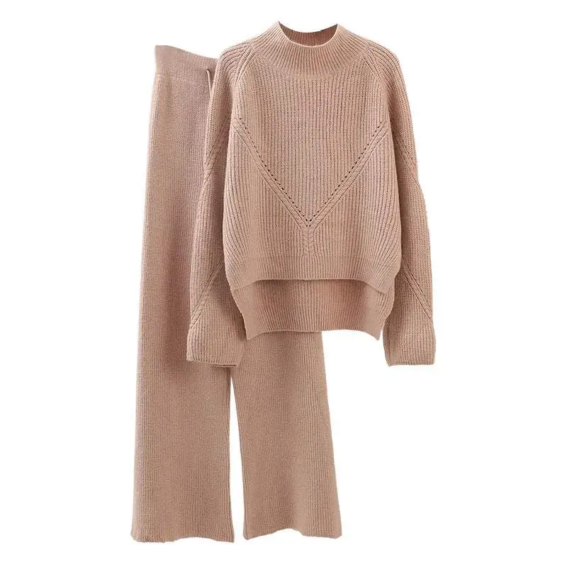 Knitted Women 2 Pieces Pant Sets 2022 Autumn Winter New Thicken Solid Warm Sweater and Wide Leg Pant Suits Clothes Cotton Clothes Cotton Fabric Fit